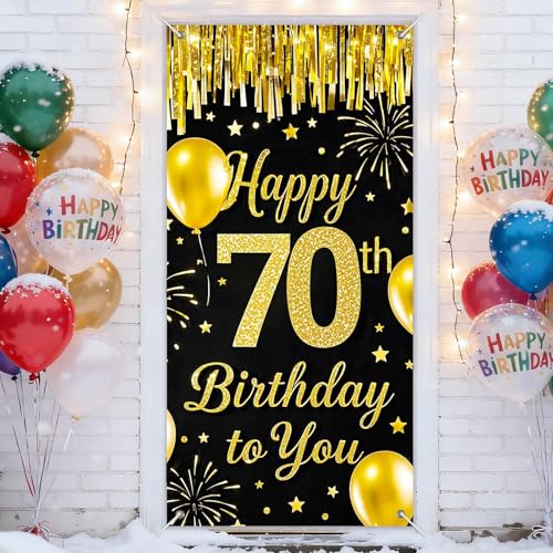 IVN 70th Birthday Door Cover 71x35 Inch Black Gold Birthday Banner for Party Decorations Balloons Stars Fireworks Backdrop...