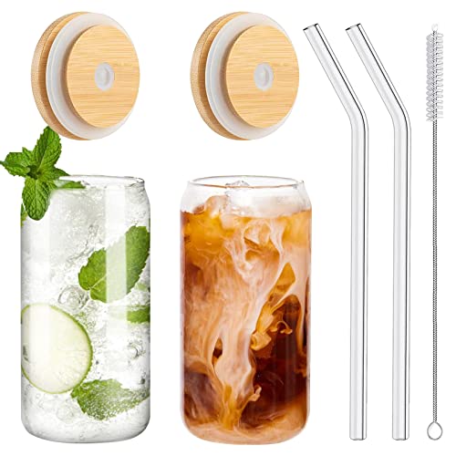 WISIMMALL Drinking Glasses with Bamboo Lids and Glass Straw 2PCS Set, 16oz Glass Cups with Lids and Straws, Beer, Iced Cof...