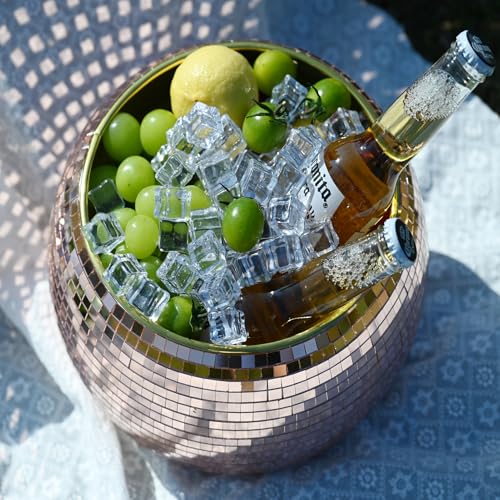 Rose Gold Disco Ball Ice Bucket - Mirror Ball Cooler, Reflective Rose Gold Drink Holder, Shiny Ice Bucket for Parties, Wed...