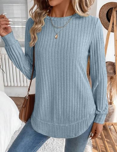 JUSTFASHIONNOW Womens Long Sleeve Shirts Trendy Sweaters Lightweight 2025 Casual Crewneck Fall Tunic Tops Loose Fit Dressy