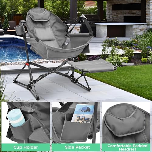 Ainfox Hammock Camping Chair with Footrest, Foldable Portable Rocking Chairs for Adults Swinging Camp with Cup Holder Pill...