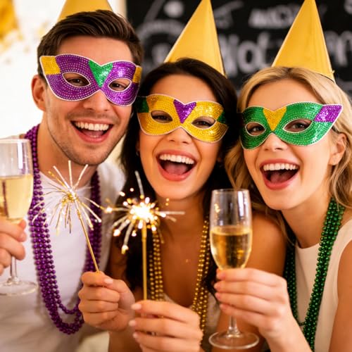Sdfvsdg 24 Pcs Mardi Gras Face Masks and Necklaces Mardi Gras Costumes Outfit Accessories 6 Sequin Eye Mask 18 Colorful As...