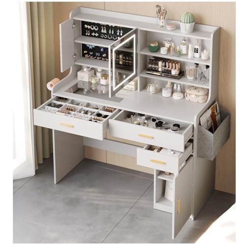 KATYGLORY Vanity Desk with Mirror and Adjustable LED Lights Makeup Vanity Table for Bedroom with Glass Tabletop Power Outlet Storage Bag 3 Drawers 1 Cabinet and 6 Storage Shelve,White