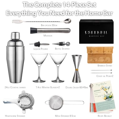 USEERIL Martini Set with Shaker and Glasses, Espresso Martini kit with Bamboo Stand,Dirty Martini Gift,Cocktail Shaker Set...