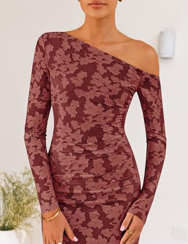 ZESICA Women's Fall Floral Off Shoulder Bodycon Maxi Dresses 2026 Long Sleeve Ruched Elegant Cocktail Party Dress