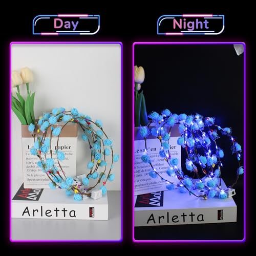 YOFOBU 24PCS LED Flower Crown,Blue Light Up Flower Headband for Women,Glow in The Dark Flower Wreath Crowns for Halloween,...