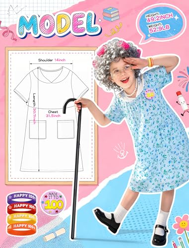 Jeowoqao Old Lady Costume for Kids, 100 Days of School Costume Girls Old Lady Dress，Granny Wig with Wig Cap Grandma Dress ...