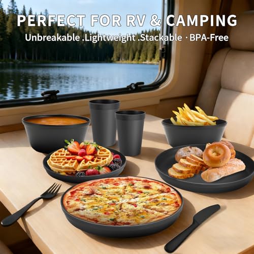 40-Piece RV Camping Dinnerware Set (Service for 8), Microwave Safe Plates and Bowls Set with Cutlery, Lightweight & Unbrea...