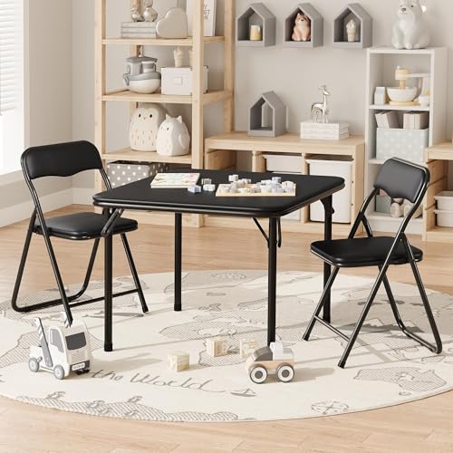 CuisinSmart Folding Card Table and Chair Set of 3, Portable Square Card Table with 2 Padded Chairs, Foldable Chairs and Ta...