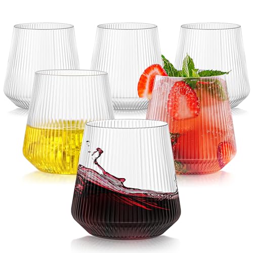 tchrules 40 Pack 12oz Plastic Stemless Wine Glasses, Clear Disposable Ribbed Cocktails Whiskey Glasses, Unbreakable Outdoo...