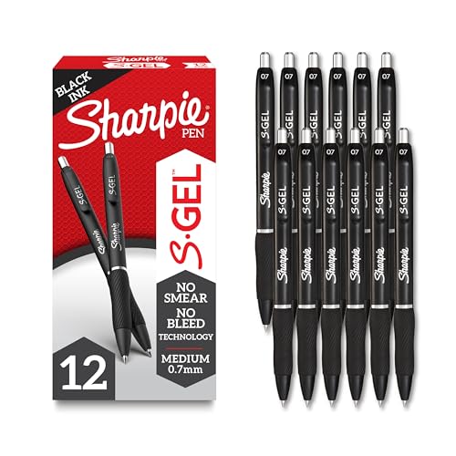Sharpie S-Gel Gel Pens, Black Barrel, Medium Point (0.7mm), Black Gel Ink Pens, 12 Count - Home, Office, School, Journalin...