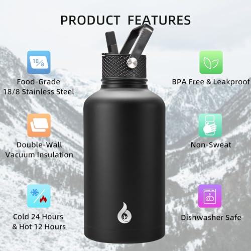 BJPKPK Half Gallon Insulated Water Bottles with Straw Lid, 64oz Large Water Jug, Stainless Steel Bottles with 3 Lids and P...