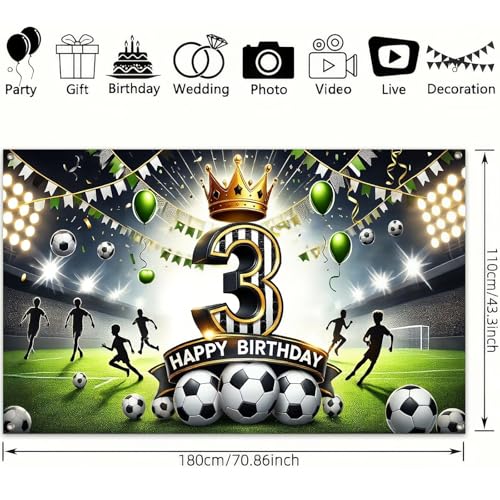 BlissYard Happy 3rd Birthday Soccer Party Banner Stadium Background Third Birthday Decorations Green Gold Crown Number Thr...