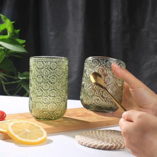 WeirdUncle Set of 8 Vintage Embossed Glassware,4 Highball Glasses 14oz & 4 Rocks Drinking Glasses 9oz, Art Deco, for Wine,...
