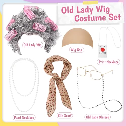 Boutrele Old Lady Costume for Kids Women,100 Days of School Costume Girls,Granny Grandma Costumes Wig Accessories