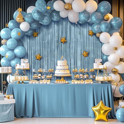 2 Pack Metallic Light Blue Fringe Backdrop, 3.2x8.2ft Shining Foil Tinsel Curtains, Birthday Party Decorations Door Stream...