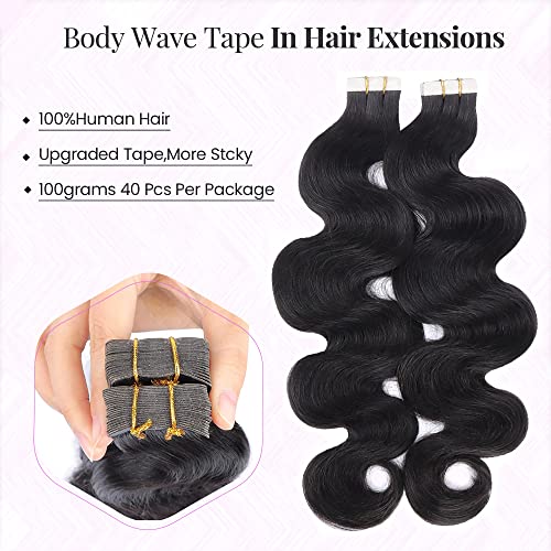 Tape in Hair Extensions for Black Women - Double Sided Body Wave Human Extensions for 4C Hair - Invisible Seamless Skin Weft 40pcs/Pack 100g 18Inch Remy PU Extension