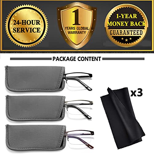 JJWELL 3 Pack Blue Light Reading Glasses for Men, Lightweight Metal Rectangle Semi Rimless Readers for Men, Anti Eyestrai...