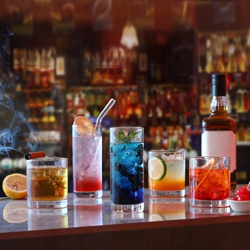 [ 12 Pack ] Glass Cups with Glass Straws, 12oz Highball & Rock Drinking Glasses, Everyday Drinkware Glasses Set, Cute Tumb...