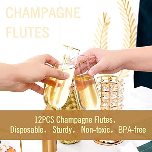 N9R 12PCS Plastic Champagne Flutes, 9 oz Stemless Disposable Gold Rim Toasting Glasses, Crystal Clear Cocktail Cups Drinkw...