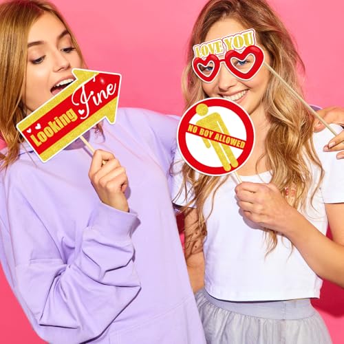 Happy Galentines Day Photo Booth Props Kit, 24 PCS Selfie Photo Booth Accessories with “Happy Valentine’s Day” Signs, Cute...