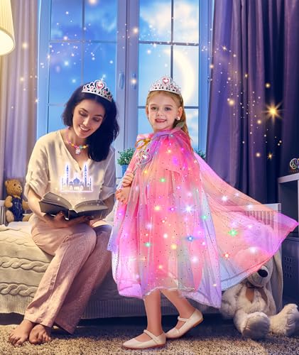 DOLNOW Princess Dress Up for Girls, Unicorn Light up Princess Cape Princess Dress Costume Crown Gift for Girls 3 4 5 6