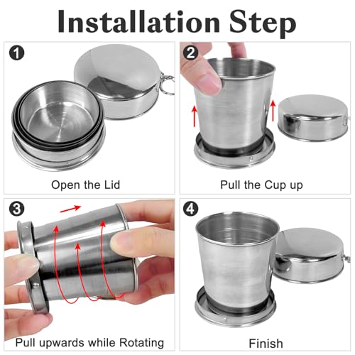 Guyuyii 3 Sizes Stainless Steel Collapsible Cups with Lids & Keychains | Portable Telescopic Drinking Travel Mugs | Foldab...