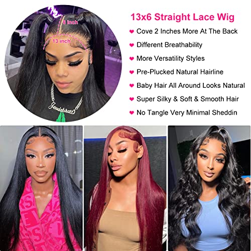 26 Inch Straight 13x6 HD Lace Front Wigs Human Hair 180% Density for Women Glueless 13x6 Lace Frontal Wig Pre Plucked Human Hair Natural Black