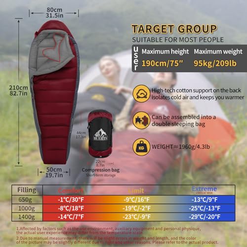 BUERTS Down Sleeping Bag for Adults Cold Weather Ultralight & Compact 680FP Backpacking Sleeping Bag for Camping, Hiking, ...