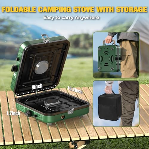 2 Burner Camping Stove, 20000 BTU Propane Camp Stove Portable Folding Gas Travel Stove Camping Essentials Gears Includes G...