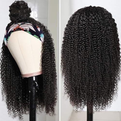 Afro Kinky Curly Human Hair Half Wigs for Black Women Wear & Go Glueless Wigs Human Hair Seamless Kinky Curly Flip Over Drawstring Clip in Half Wig No Sew In 200% Density Natural Color 16 Inch