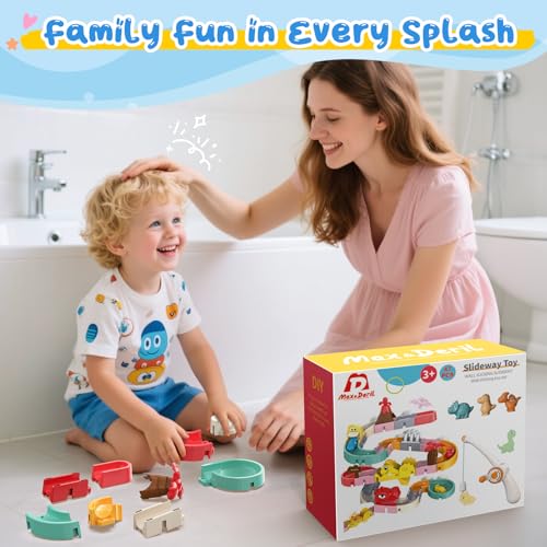 Dinosaur Bath Toys with Track & Fishing Rod – 47PCS Wall Suction Slide Playset for Toddlers, DIY Water Race Track with 6 D...