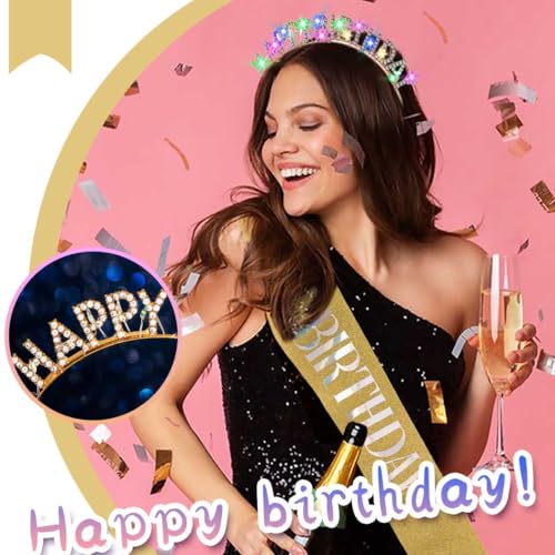 Aceorna Light Up Birthday Headband LED Gold Rhinestone Happy Birthday Crown and Sash Glitter Accessory Set for Women