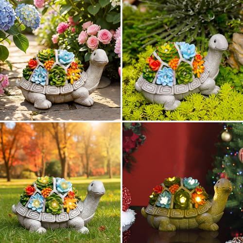 Nacome Solar Garden Outdoor Statues Turtle with Succulent and 7 LED Lights - Lawn Decor Tortoise Statue for Patio, Balcon...