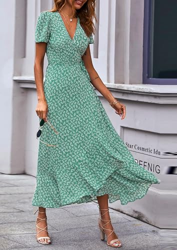 PRETTYGARDEN Women's Boho Floral Maxi Dress Summer Short Sleeve Wrap V Neck Long Flowy Beach Vacation Wedding Guest Dresses