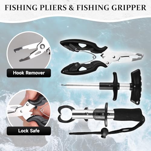 FUNANASUN 117Pcs Fishing Backpack with Tackle Boxes, Waterproof Fishing Tool Kit with Pliers, Fish Hook Remover, Lip Gripp...