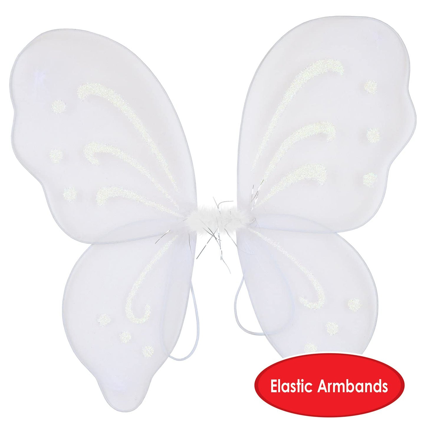 Beistle Set of 2 Fairy Wings, Halloween White Nylon Butterfly Wings with Elastic Armbands, Fantasy Cosplay Costume Accessory, 14.5” x 16”, One Size