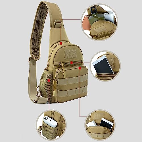 KOOYU Tactical EDC Sling Bag Military Molle Shoulder Bag Backpack Outdoor Chest Pack for Men (Khaki)