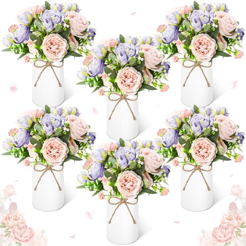 Domensi 6 Sets Wedding Floral Centerpiece for Table Decor, Artificial Peonies Silk Flowers Bouquet with Flower Foam and Me...