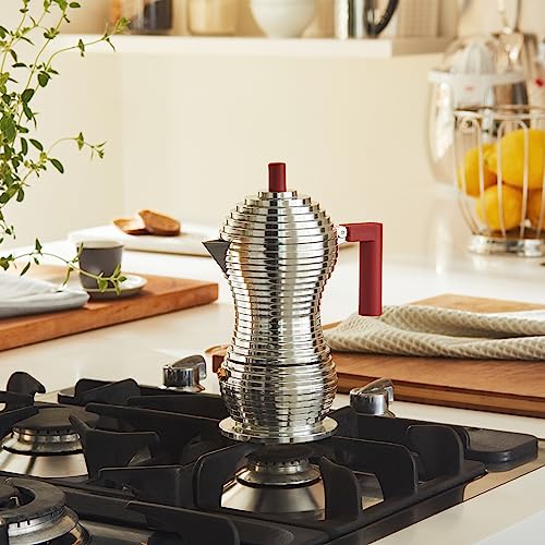 Alessi MDL02/3 R "Pulcina" Stove Top Espresso 3 Cup Coffee Maker in Aluminum Casting Handle And Knob in Pa, Red
