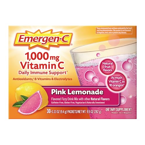 Emergen-C 1000mg Vitamin C Immune Support Powder Pink Lemonade 30CT includes Zinc, Manganese, 7 B Vitamins and Electrolyte...