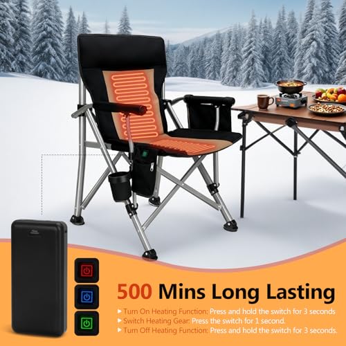 Heated Camping Chair with 20,000 mAh Battery, Loog-Lasting for 500 Mins, Fully Padded Heated Camp Chairs, Heavy Duty Foldi...