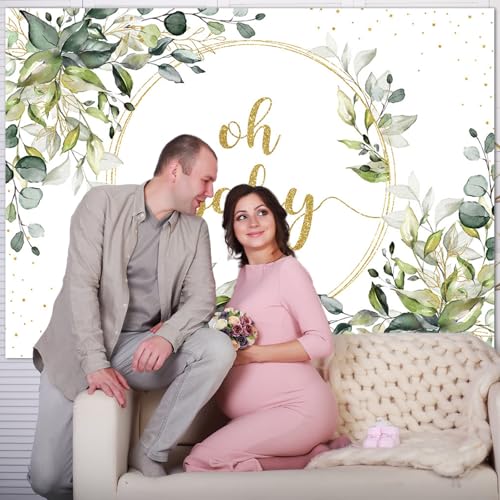 Mocsicka Greenery Baby Shower Backdrop Gold Oh Baby Background Green Eucalyptus Baby Shower Party Cake Table Decoration Ba...