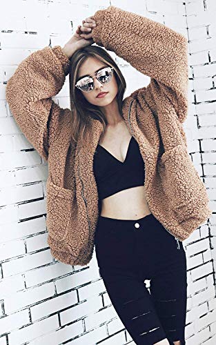Comeon Women's Coat Casual Lapel Fleece Fuzzy Faux Shearling Zipper Coats Warm Winter Oversized Outwear Jackets