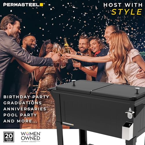 Permasteel Party Cooler with Divider, Spacious 80-Qt Capacity, Chills 36hrs, Serving Tray, Rolling Ice Chest for Indoor an...