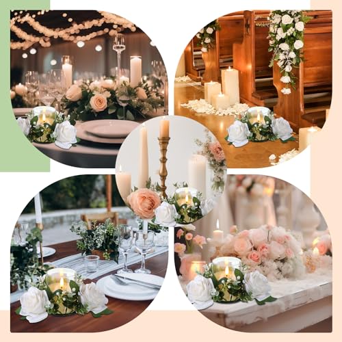 Yunlly 12 Pcs Valentine Candle Rings Wreaths 3 Inch Wedding Centerpiece LED Flameless Candles Rose Eucalyptus Rings for Ta...