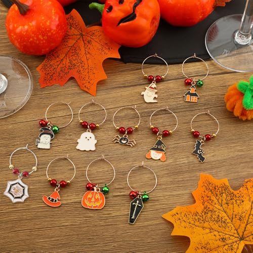 Kzikbxh12 Pcs Spooky Wine Glass Charms, Themed Stemware Markers and Drink Identifiers for Party Favors, Ghost Pumpkin Bat ...