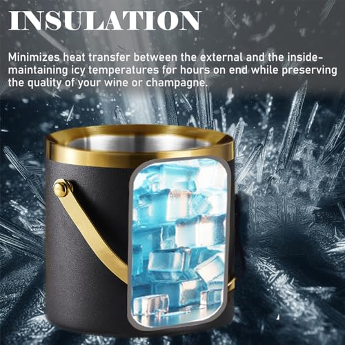 Sipoyen Insulated Ice Bucket with Lid, Handle and Tong Black Gold Stainless Steel Champagne Bucket for Party 3L Bar Cart A...