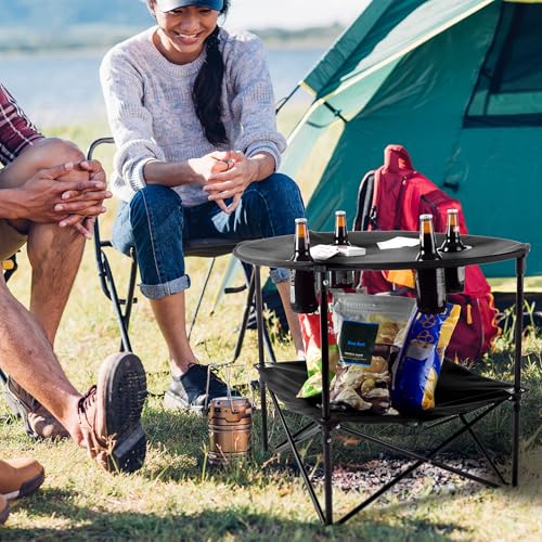 Camping Table - 2-Tier Folding Table with 4 Cupholders and Carry Bag for Picnic, Tailgate, Beach, or Camp - Camping Gear b...