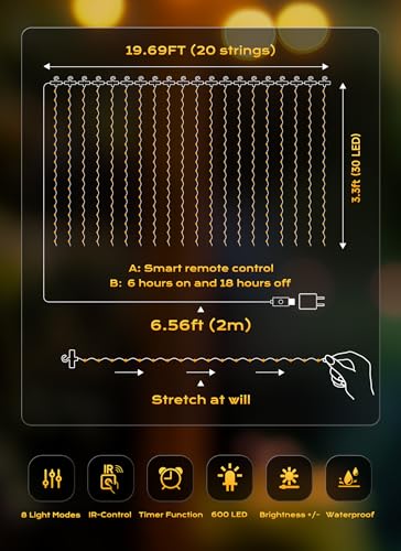 Brightown 600 LED Curtain String Lights, 20 FT Hanging Fairy Lights with Remote, 8 Modes, Waterproof Window Lights for Bed...